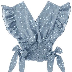 Polka Dots VNeck Ruffle Cap Sleeve Crop Top Blouse